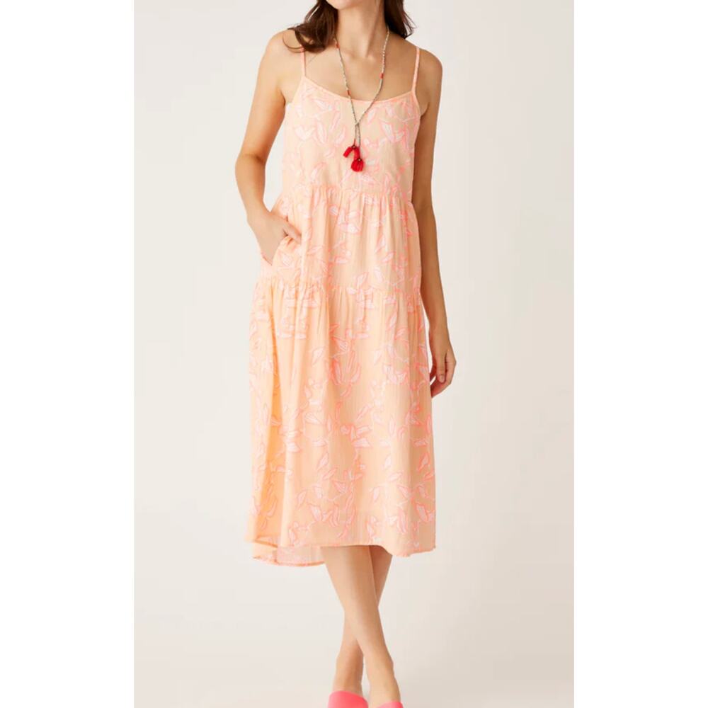 Carve Designs Jacey Textured Dress Orange Pink Tiered Cotton Midi Pockets Large